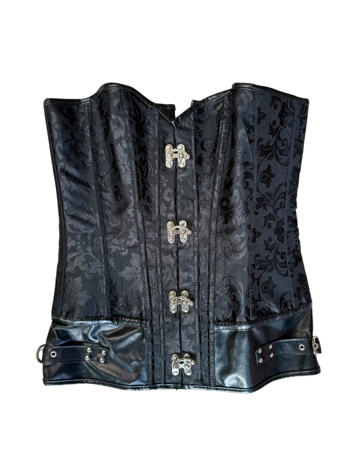 Black Corset Top With Leather Trim And Silver Hardware