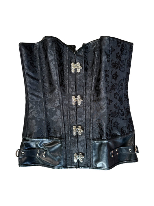 Black Corset Top With Leather Trim And Silver Hardware