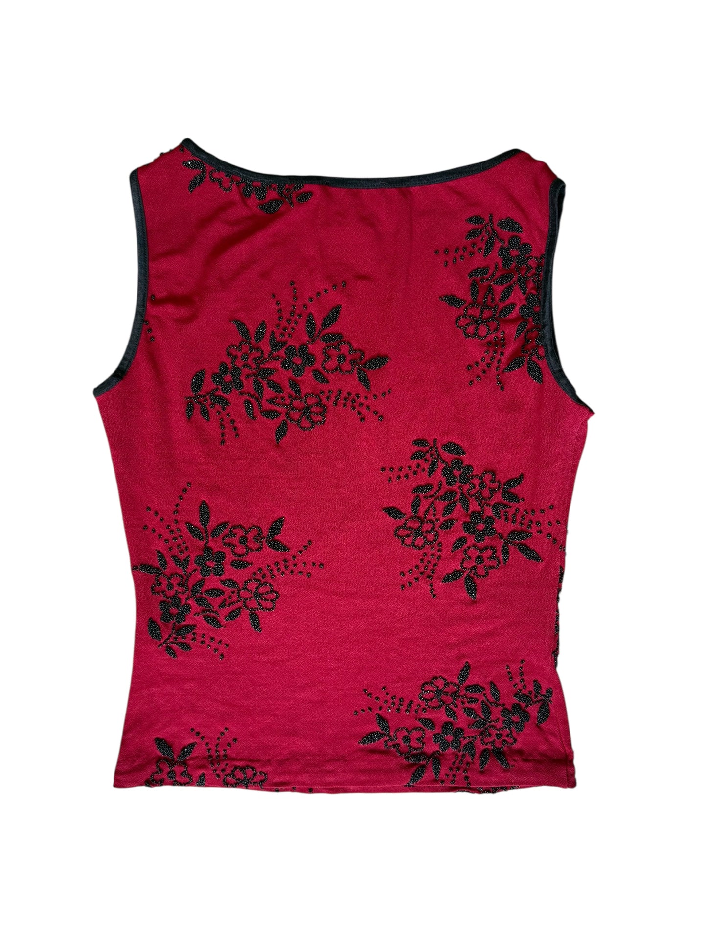 Bebe Red & Black Beaded Floral Tank