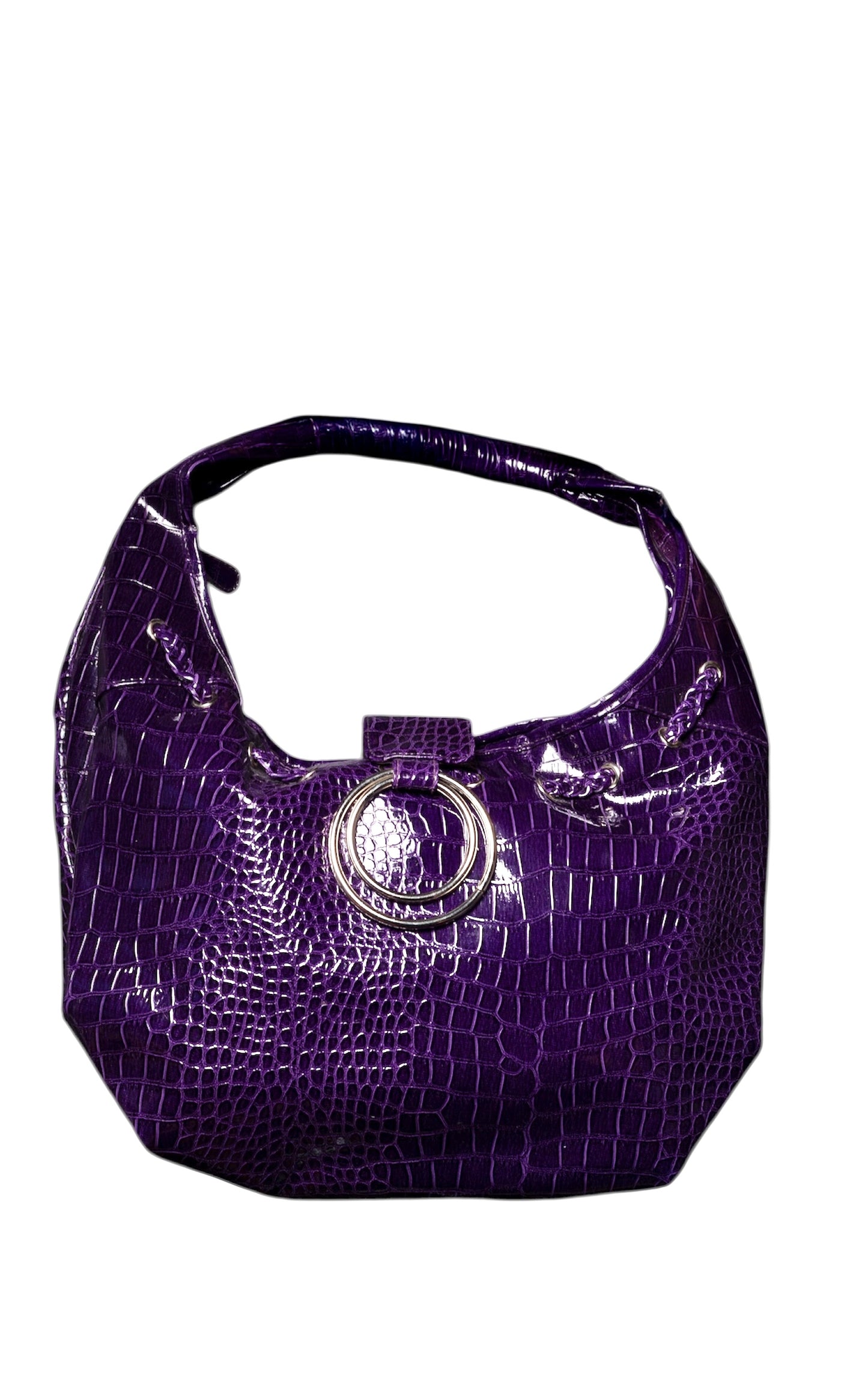 Purple Crocodile Patent Croissant Bag With Silver Hardware